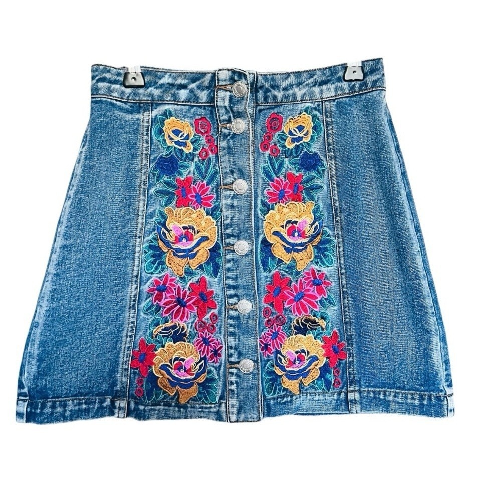 Boho Hipster Y2K Floral Denim Mini Skirt by Signature 8 Embroidered Blue SZ S - Picture 3 of 10